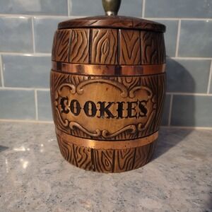 Vtg MCM Treasure Craft Faux Oak Ceramic Cookie Jar/Canister Barrel Copper Straps